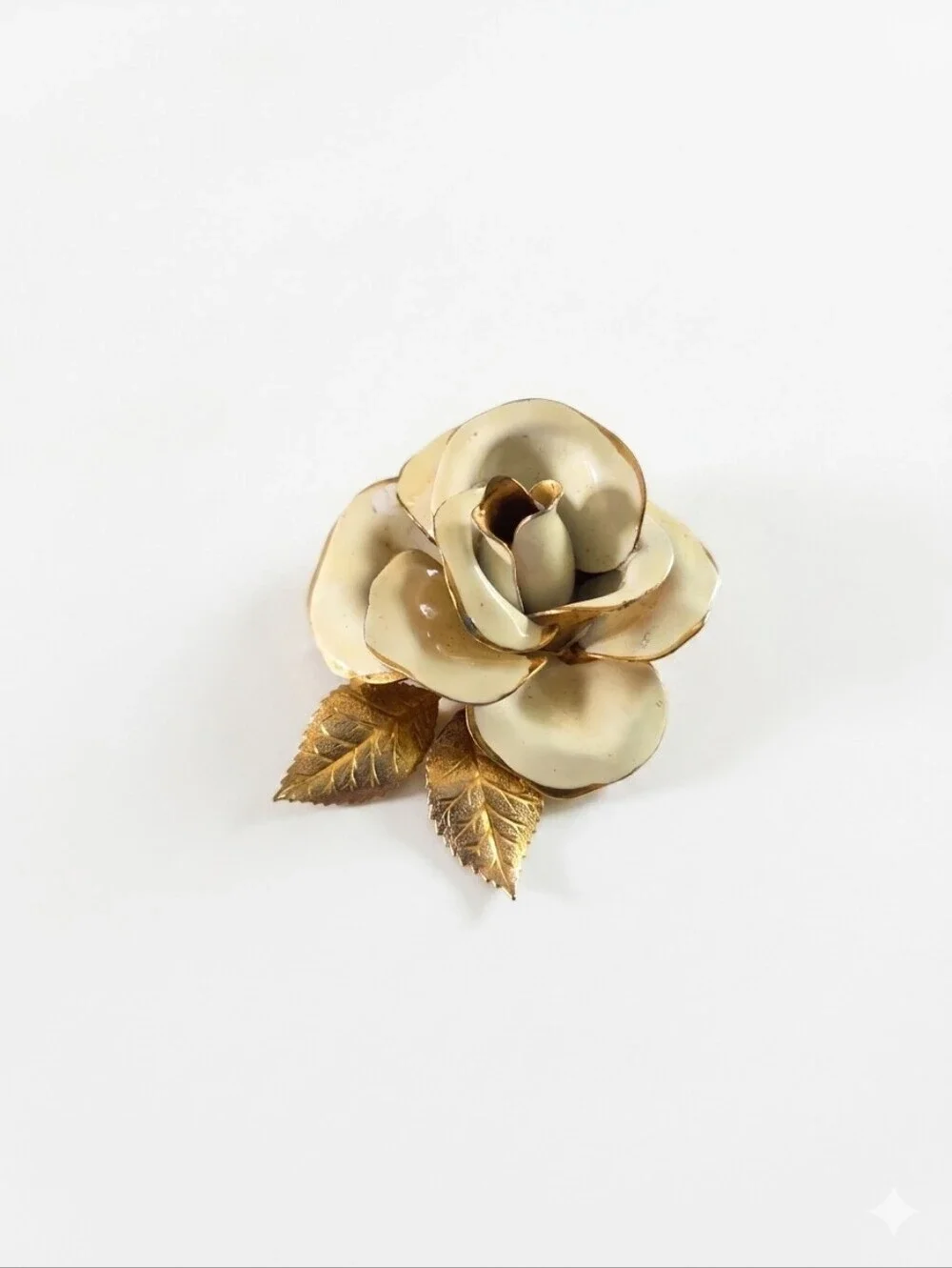 Vintage Creamy White Enamel Rose Brooch Gold Tone Leaves Floral Pin